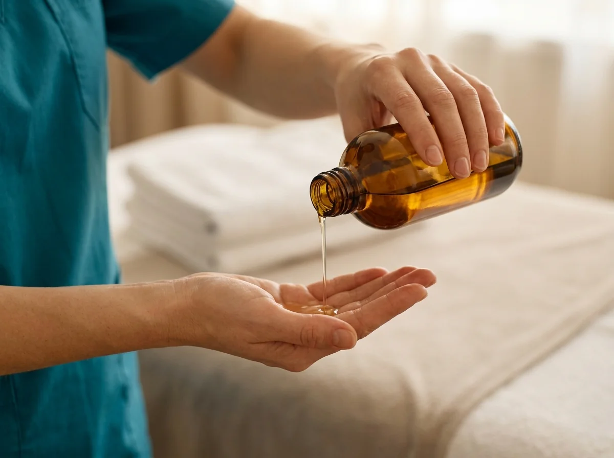 Terapeuta vertiendo aceite de masaje en su mano