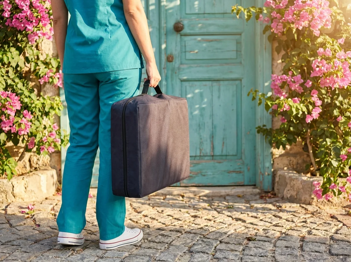 Terapeuta con uniforme teal llegando a una casa con su camilla portatil