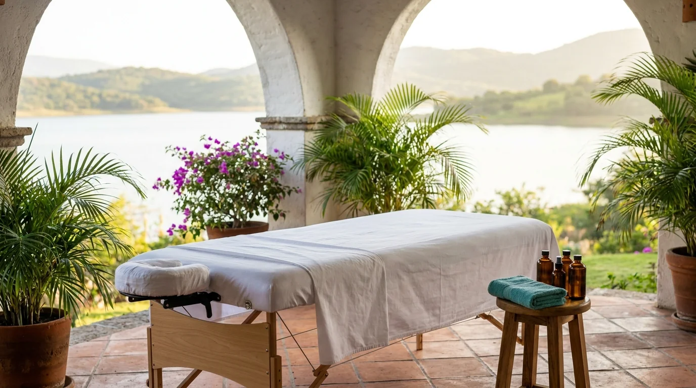 Camilla de masaje preparada en una terraza con vista al lago y cerros verdes